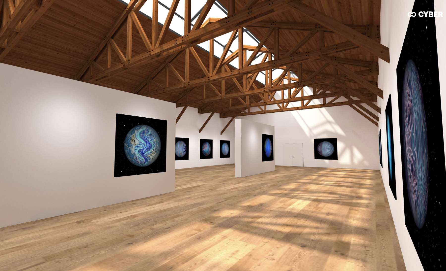 Metaverse OnCyber Gallery space featuring NFTs by Nikolina Kovalenko.
